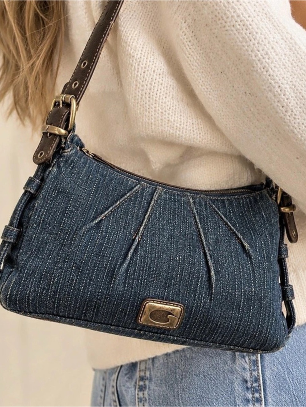 Guess Bag Purse Blue Denim Jean Leather Buckle Vintage Y2K Retro Indie Hobo